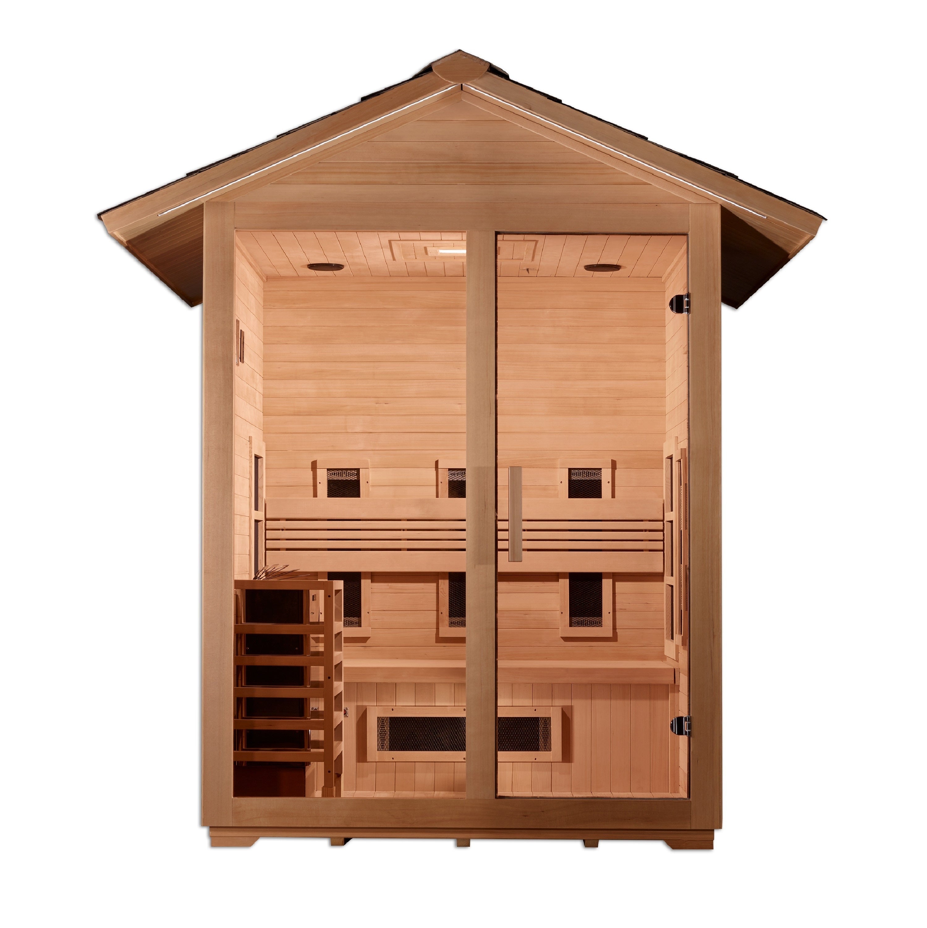 Golden Designs Carinthia 3 Person Hybrid (PureTech™ Full Spectrum IR or Traditional Stove) Outdoor Sauna - Canadian Hemlock Saunas Golden Designs