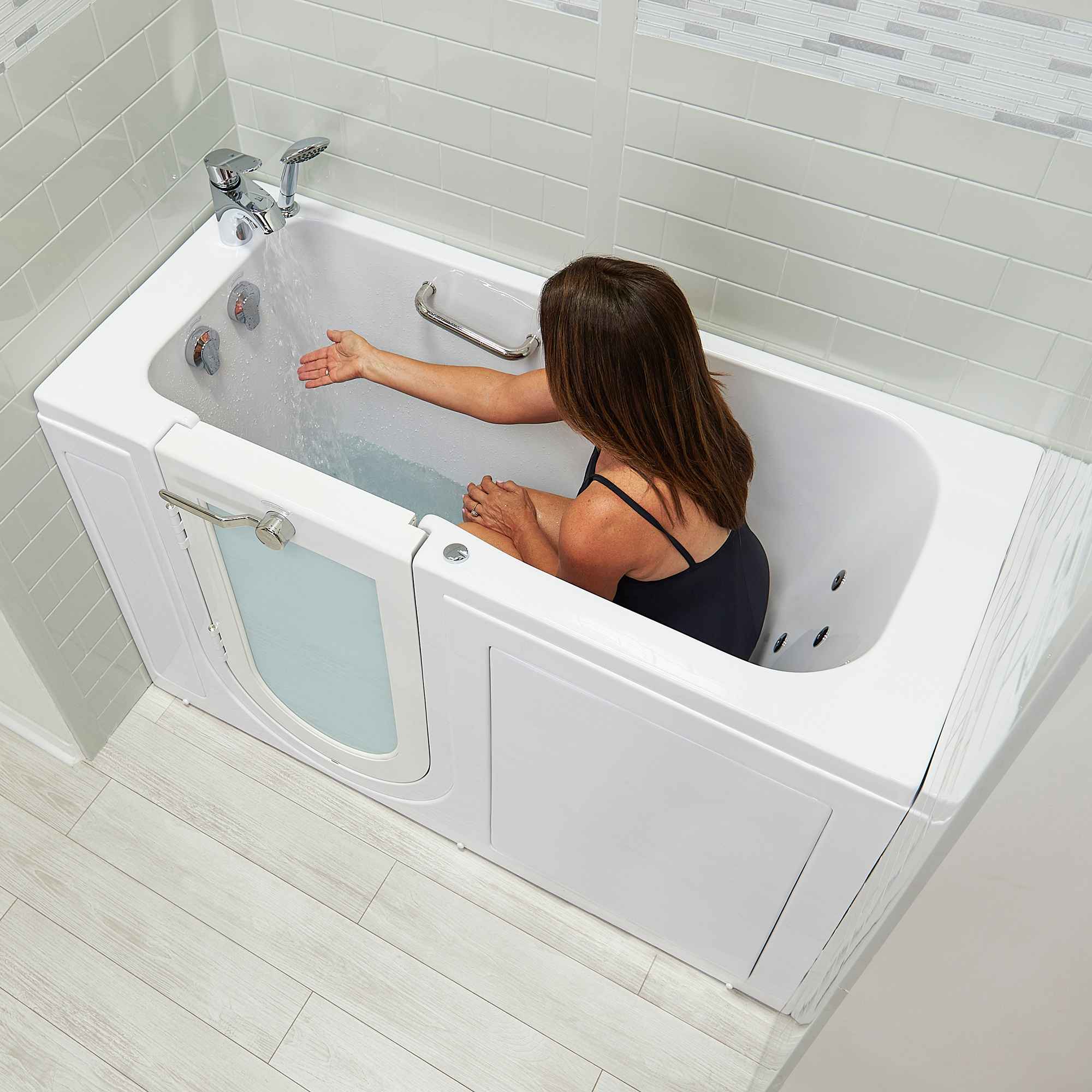 Ella Lounger 27"x60" Acrylic Air and Hydro Massage Walk-In Bathtub with Outward Swing Door, 2 Piece Fast Fill Faucet, 2" Dual Drain, Digital Controller Bath Tub Ella's Bubbles