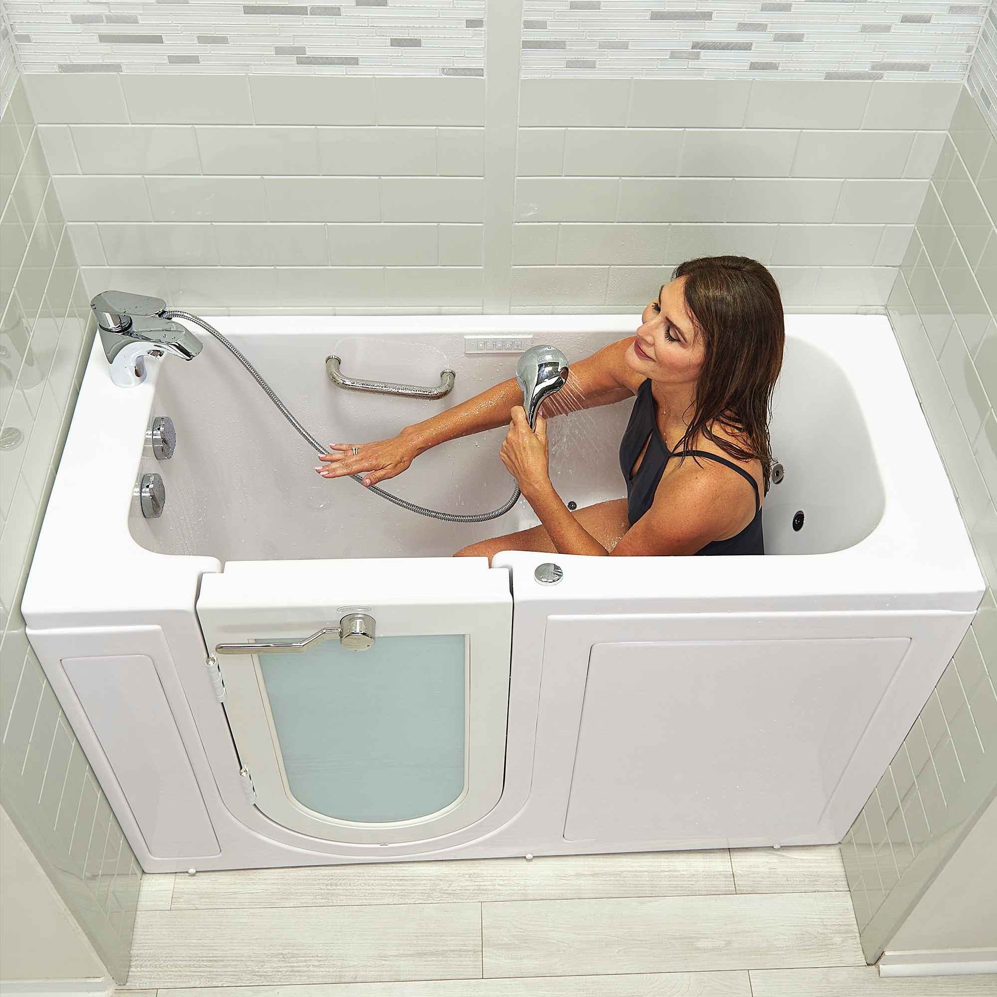 Ella Lounger 27"x60" Acrylic Air and Hydro Massage Walk-In Bathtub with Outward Swing Door, 2 Piece Fast Fill Faucet, 2" Dual Drain, Digital Controller Bath Tub Ella's Bubbles