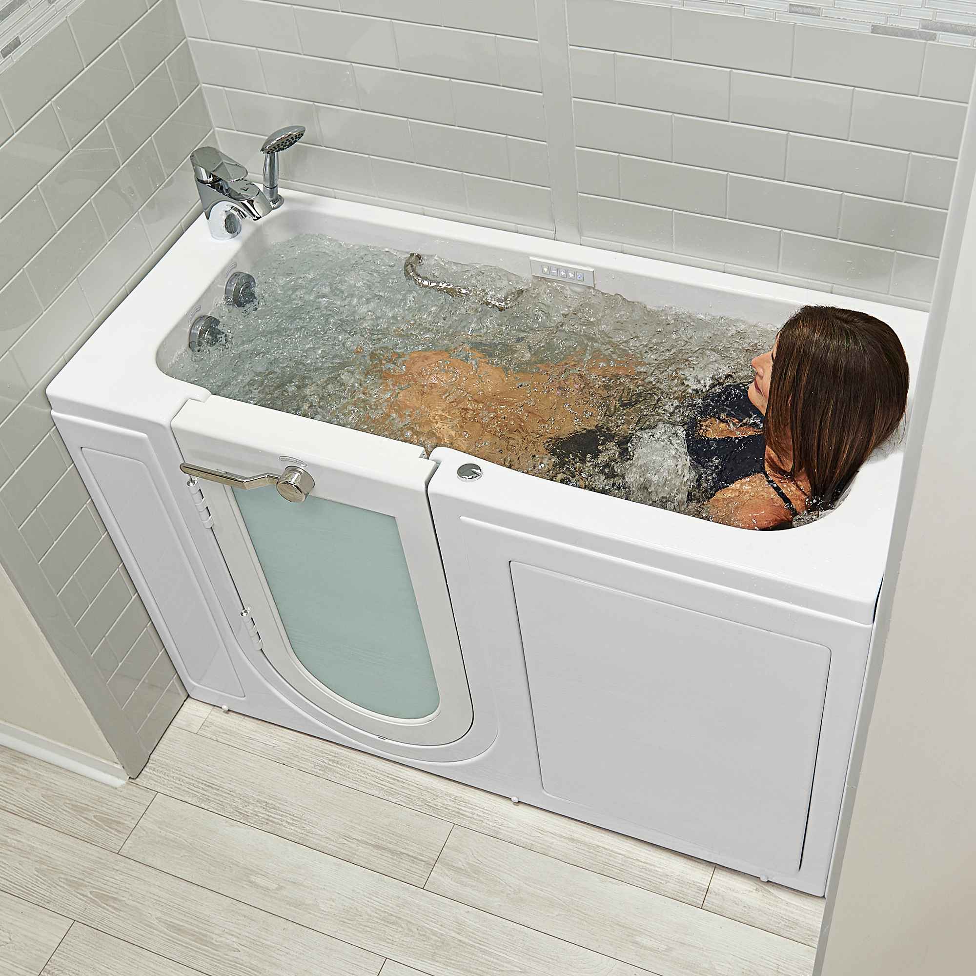 Ella Lounger 27"x60" Acrylic Air and Hydro Massage Walk-In Bathtub with Outward Swing Door, 2 Piece Fast Fill Faucet, 2" Dual Drain, Digital Controller Bath Tub Ella's Bubbles