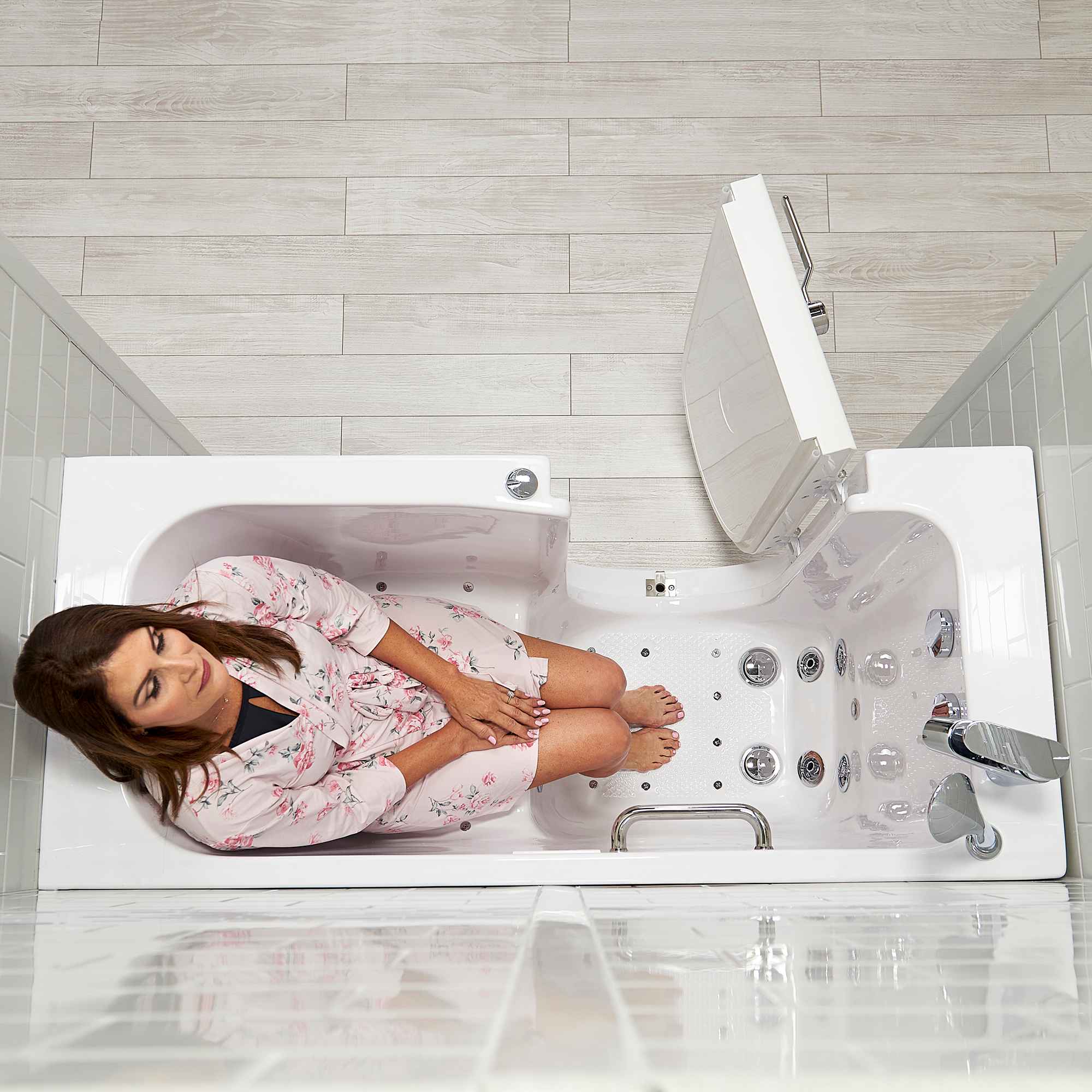 Ella Lounger 27"x60" Acrylic Air and Hydro Massage Walk-In Bathtub with Outward Swing Door, 2 Piece Fast Fill Faucet, 2" Dual Drain, Digital Controller Bath Tub Ella's Bubbles