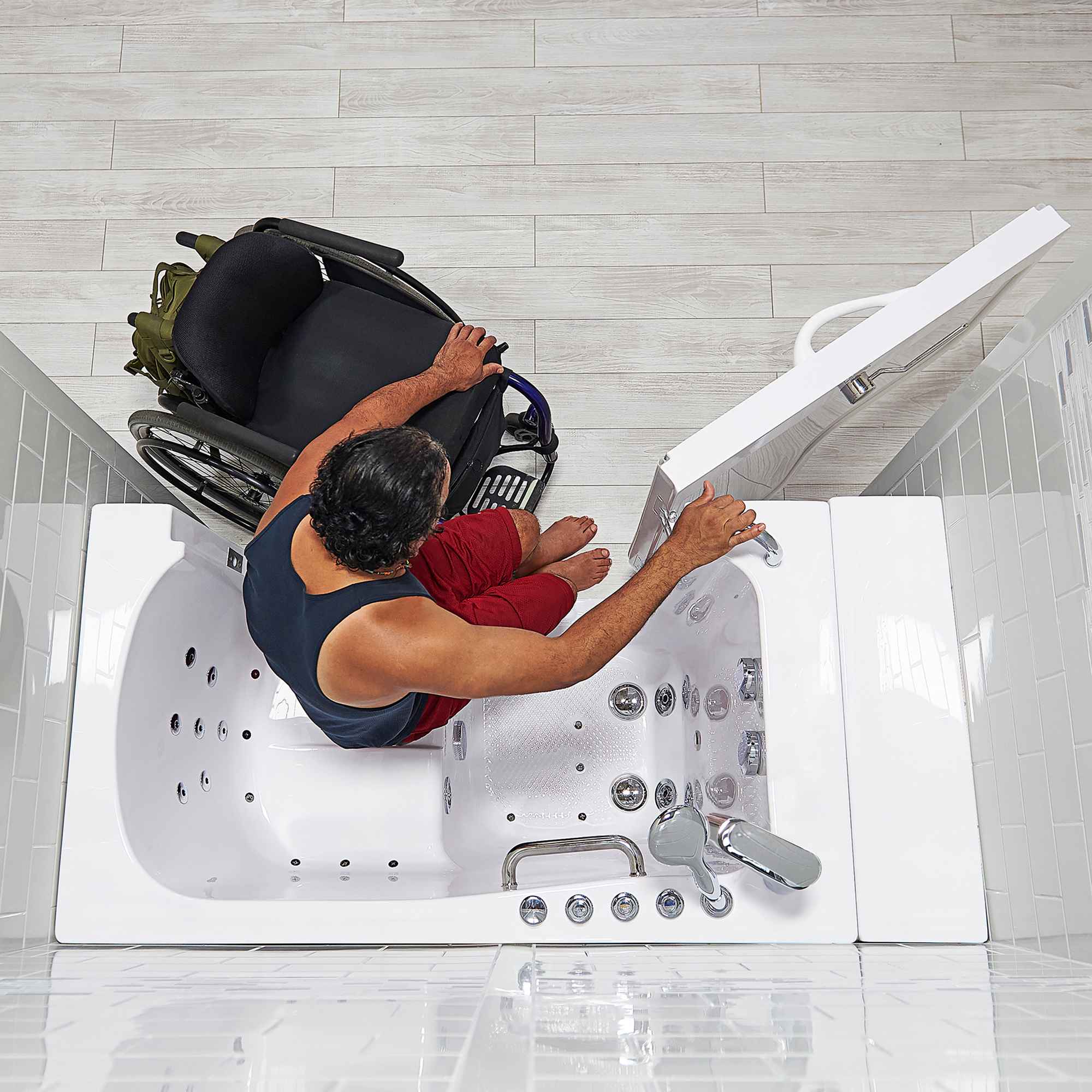 Ella Wheelchair Transfer 30"x52" Acrylic Air and Hydro Massage Walk-In Bathtub with Outward Swing Door, 2 Piece Fast Fill Faucet, 2" Dual Drain Bath Tub Ella's Bubbles