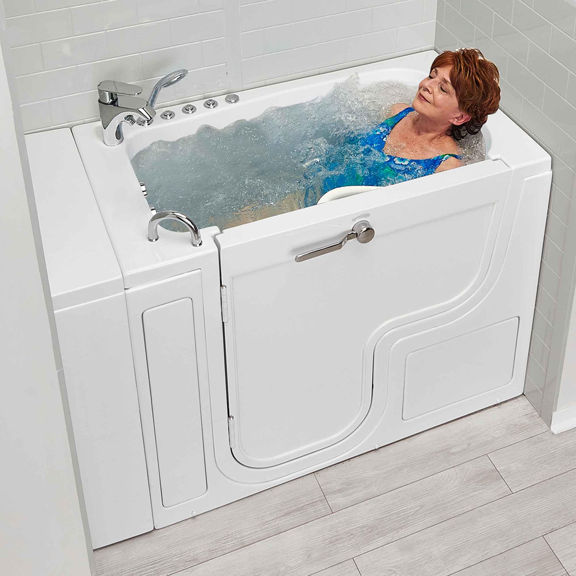 Ella Wheelchair Transfer 30"x52" Acrylic Air and Hydro Massage Walk-In Bathtub with Outward Swing Door, 2 Piece Fast Fill Faucet, 2" Dual Drain Bath Tub Ella's Bubbles