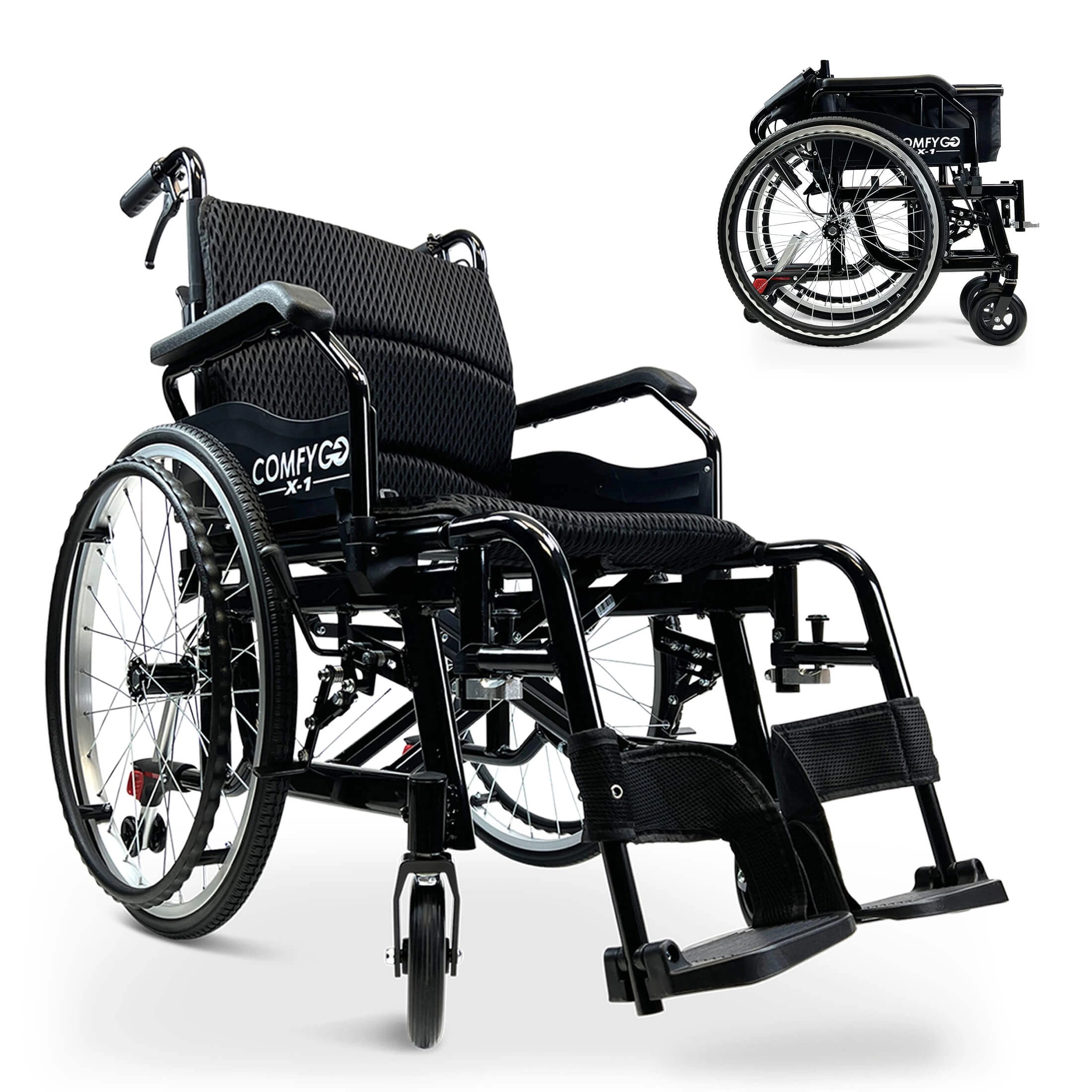 ComfyGo X-1 Lightweight Manual Wheelchair Standard Wheelchairs ComfyGo Black Standard 22" Wire Spoke Wheels