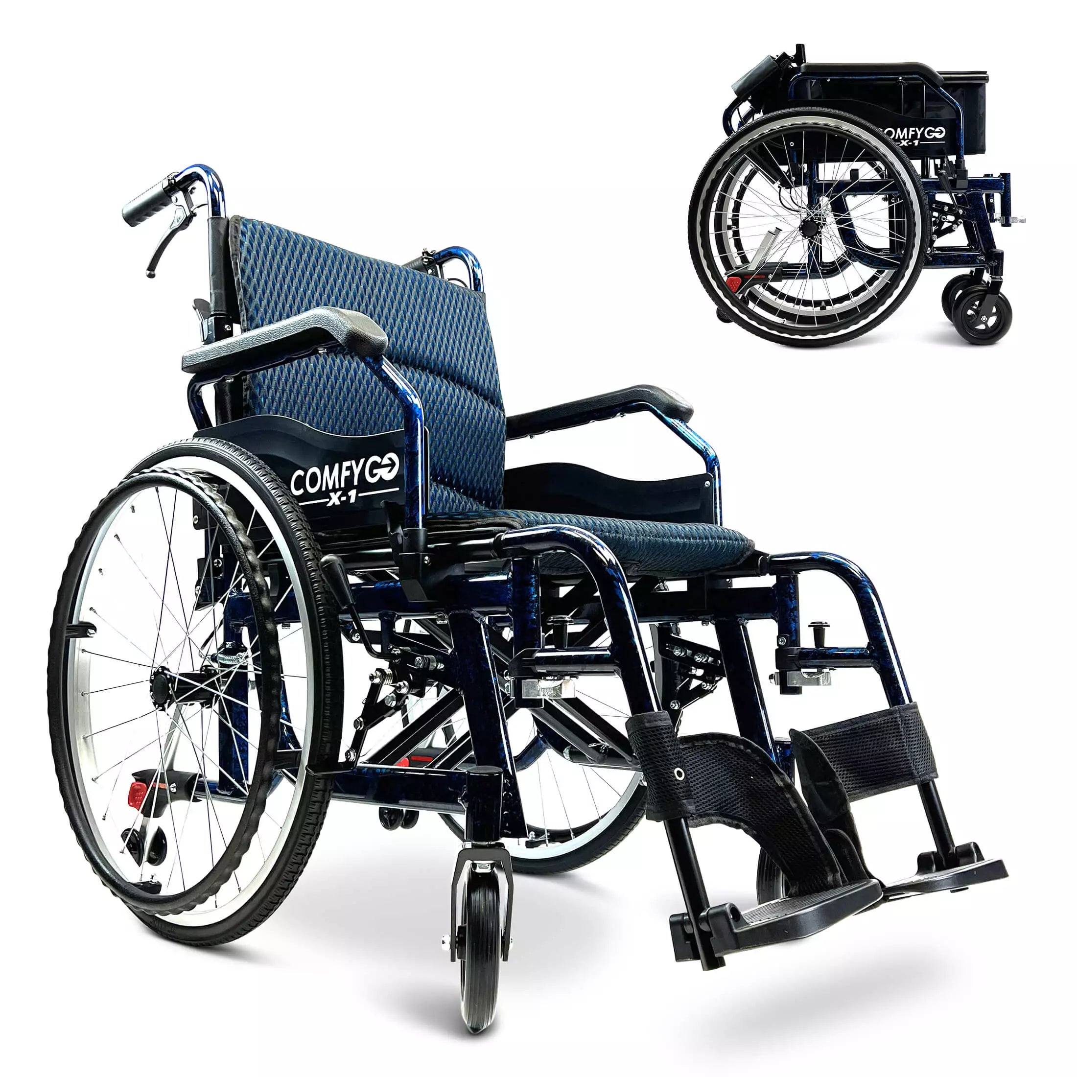 ComfyGo X-1 Lightweight Manual Wheelchair Standard Wheelchairs ComfyGo Blue Standard 22" Wire Spoke Wheels