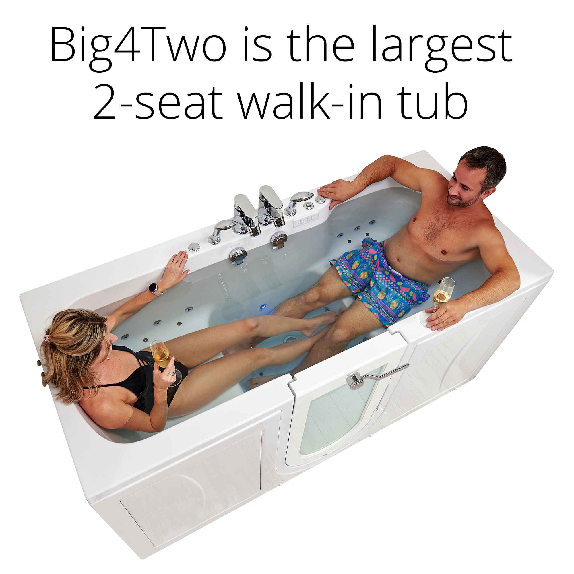 Ella Big4Two 36"x80" Hydro + Air Massage w/ Independent Foot Massage Acrylic Two Seat Walk-In-Bathtub, Outswing Door, 2x2 Piece Fast Fill Faucet, 2" Dual Drain Bath Tub Ella's Bubbles