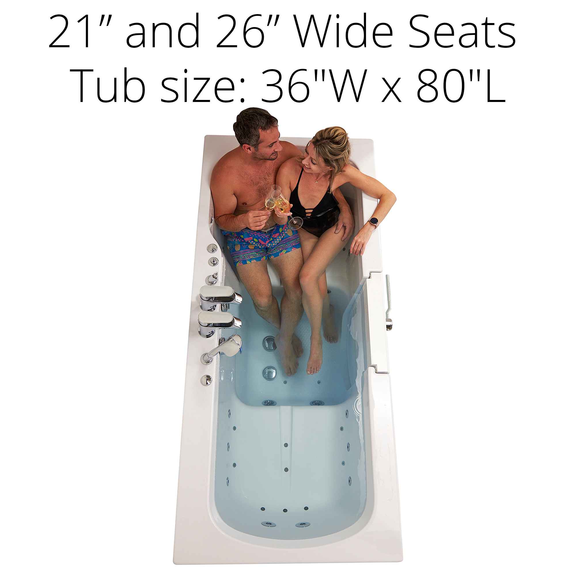 Ella Big4Two 36"x80" Hydro + Air Massage w/ Independent Foot Massage Acrylic Two Seat Walk-In-Bathtub, Outswing Door, 2x2 Piece Fast Fill Faucet, 2" Dual Drain Bath Tub Ella's Bubbles
