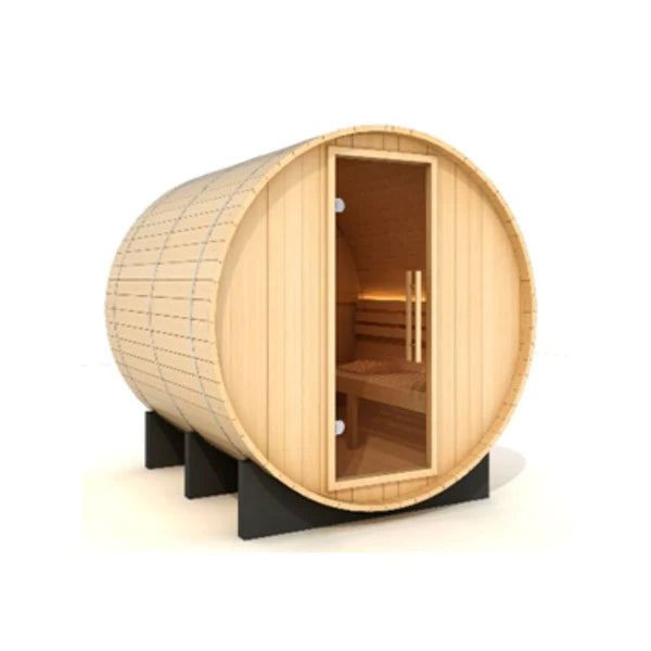 Golden Designs Arosa 4 Person Traditional Outdoor Barrel Sauna (Pacific Cedar) Barrel Sauna Golden Designs