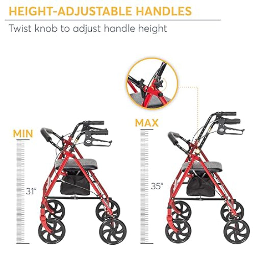 Drive Medical Aluminum Rollator Four Wheel with Pouch and Padded Seat, Red Rollators Drive Medical
