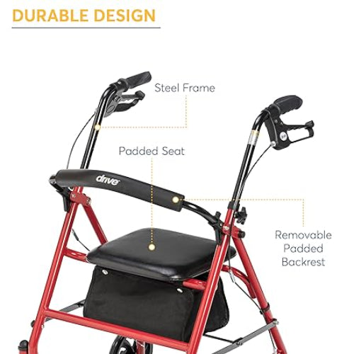 Drive Medical Aluminum Rollator Four Wheel with Pouch and Padded Seat, Red Rollators Drive Medical