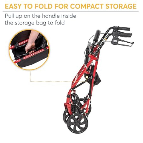 Drive Medical Aluminum Rollator Four Wheel with Pouch and Padded Seat, Red Rollators Drive Medical