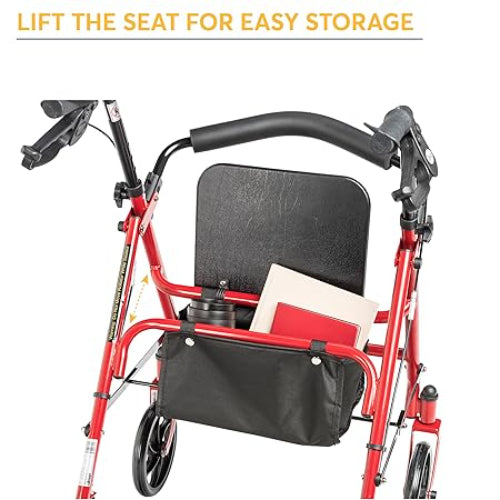 Drive Medical Aluminum Rollator Four Wheel with Pouch and Padded Seat, Red Rollators Drive Medical