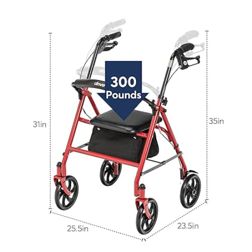 Drive Medical Aluminum Rollator Four Wheel with Pouch and Padded Seat, Red Rollators Drive Medical