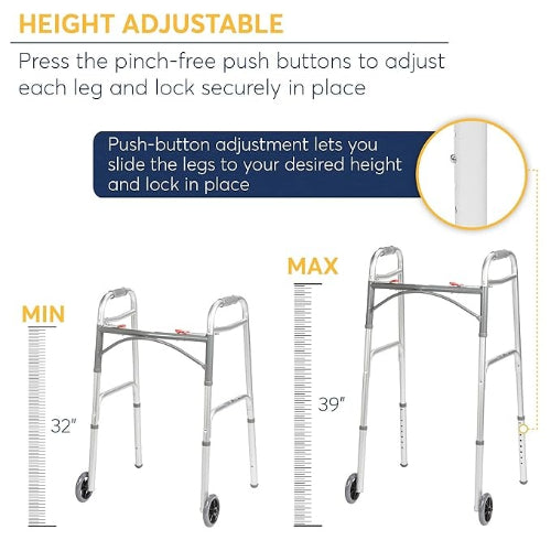 Drive Medical Walker Folding Two Button Adult With 5 Wheels Deluxe Drive Medical