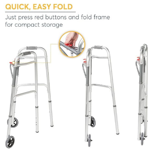 Drive Medical Walker Folding Two Button Adult With 5 Wheels Deluxe Drive Medical