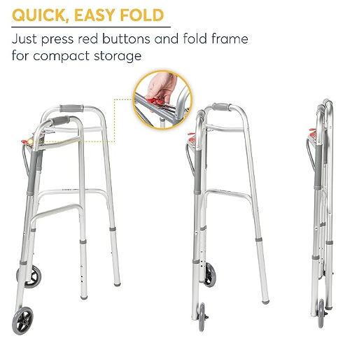 Drive Medical Deluxe Folding Walker 2-Button With 5 inch Wheel, Youth Drive Medical
