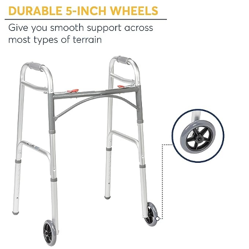 Drive Medical Deluxe Folding Walker 2-Button With 5 inch Wheel, Youth Drive Medical