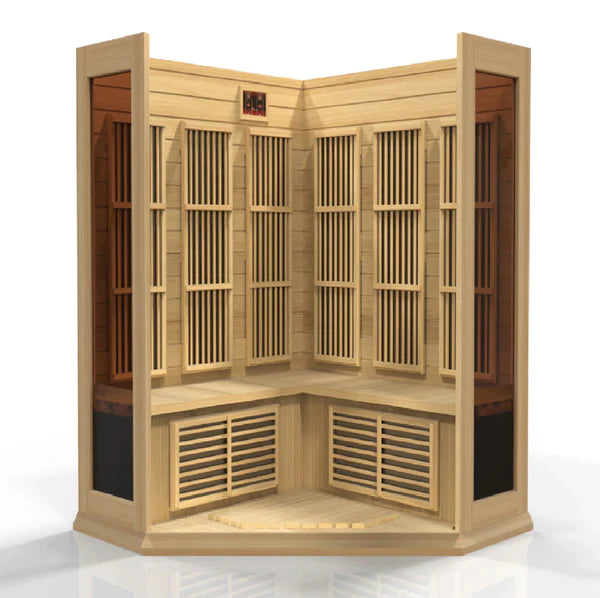 Maxxus 3 Person Low EMF Corner FAR Infrared Sauna (Natural Canadian Hemlock) INFRARED SAUNA Maxxus Saunas