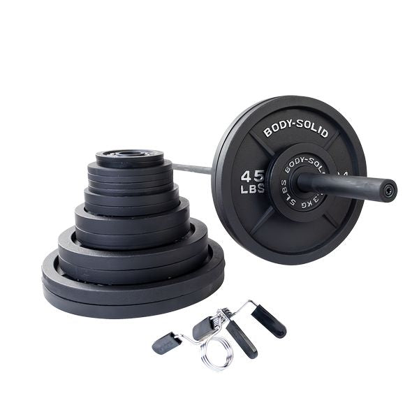 Body-Solid Cast Iron Olympic Weight Plate Barbell Sets Barbell/Weight Plate Package Body-Solid 300 Lb. Plate Set + Barbell 7' Black Bar