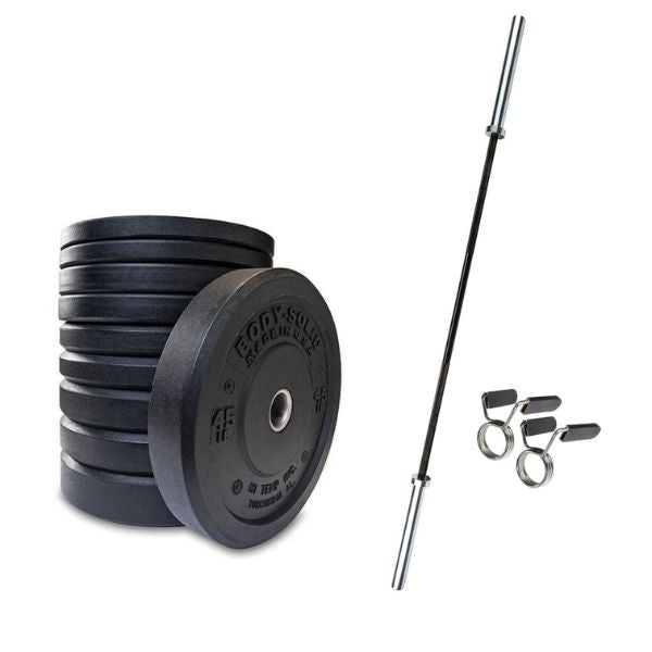 Body-Solid Premium Bumper Plates OBPH With Black Olympic Bar Set Bumper Plates Body-Solid 260 Lb Set Yes