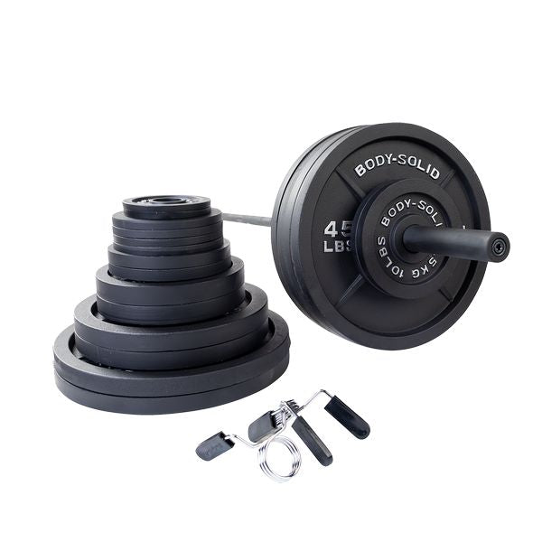 Body-Solid Cast Iron Olympic Weight Plate Barbell Sets Barbell/Weight Plate Package Body-Solid 400 Lb. Plate Set + Barbell 7' Black Bar