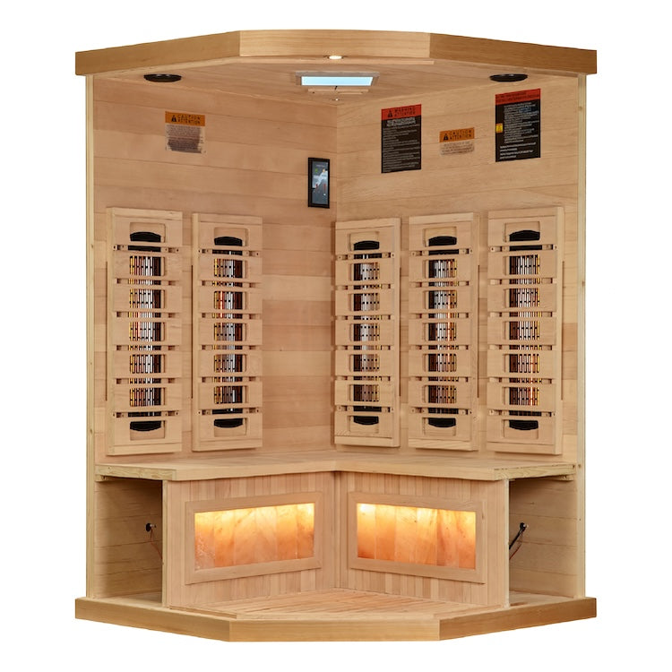 Golden Designs 3-Person Corner Full Spectrum PureTech™ Near Zero EMF FAR Infrared Sauna with Himalayan Salt (Canadian Hemlock) Saunas Golden Designs