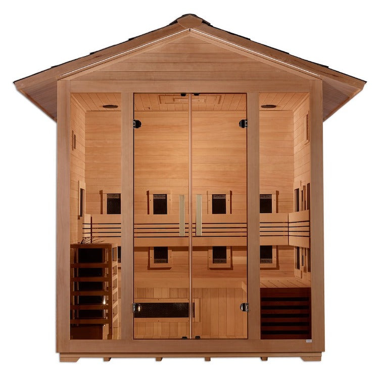 Golden Designs Gargellen 5 Person Hybrid (PureTech™ Full Spectrum IR or Traditional Stove) Outdoor Sauna - Canadian Hemlock- Heater included Saunas Golden Designs