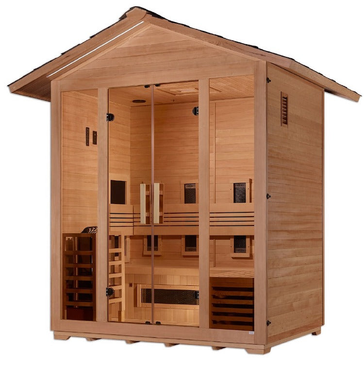 Golden Designs Gargellen 5 Person Hybrid (PureTech™ Full Spectrum IR or Traditional Stove) Outdoor Sauna - Canadian Hemlock- Heater included Saunas Golden Designs