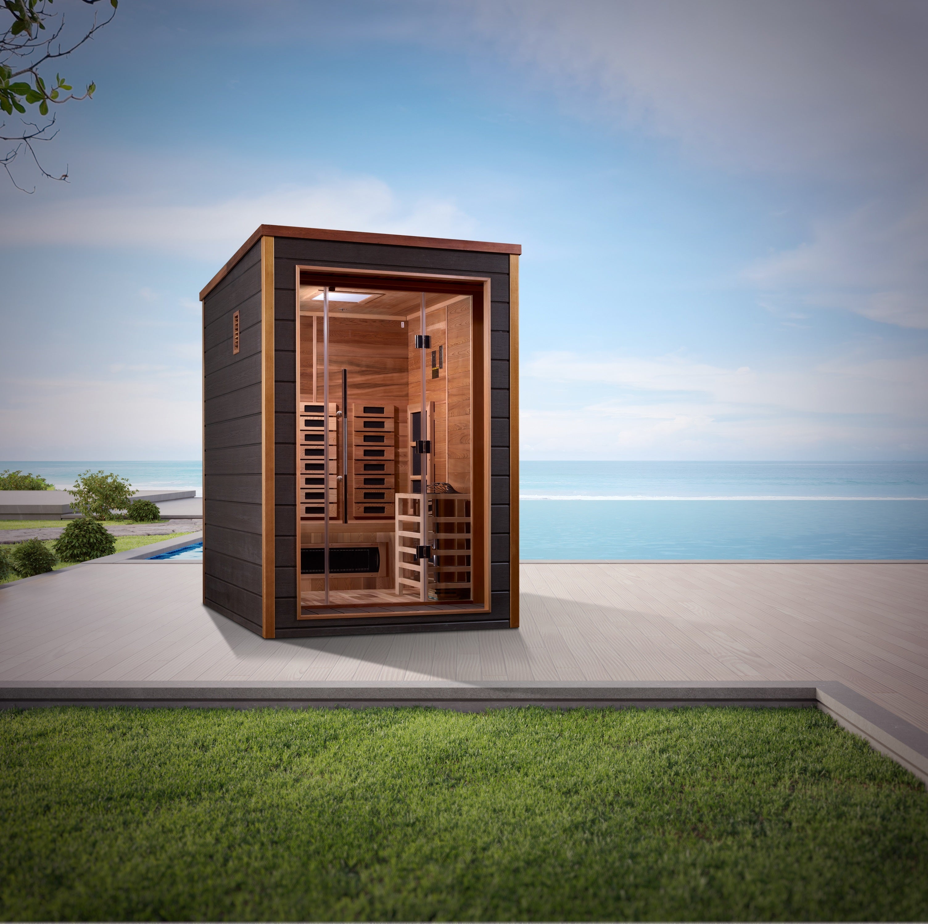 Golden Designs Nora 2 Person Outdoor-Indoor PureTech™ Hybrid Full Spectrum Sauna (GDI-8222-01)  Golden Designs Saunas   