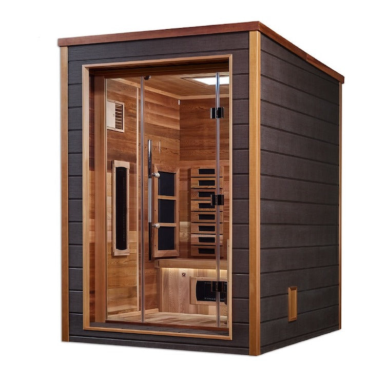 Golden Designs Nora 2 Person Hybrid (PureTech™ Full Spectrum IR or Traditional Stove) Outdoor Sauna - Canadian Red Cedar Interior Saunas Golden Designs