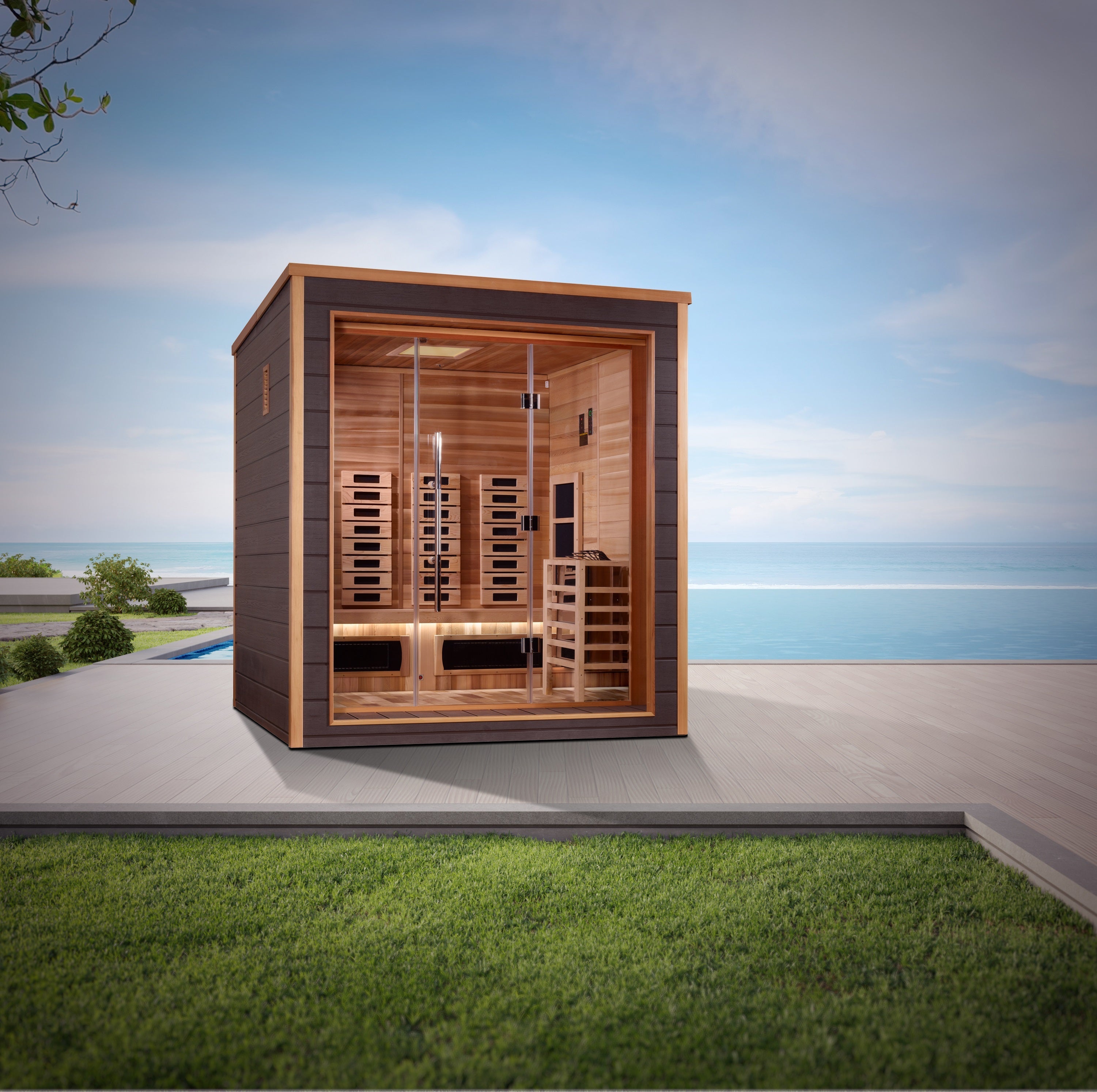 Golden Designs Visby 3 Person Outdoor-Indoor PureTech™ Hybrid Full Spectrum Sauna (GDI-8223-01) - Canadian Red Cedar Interior  Golden Designs Saunas   