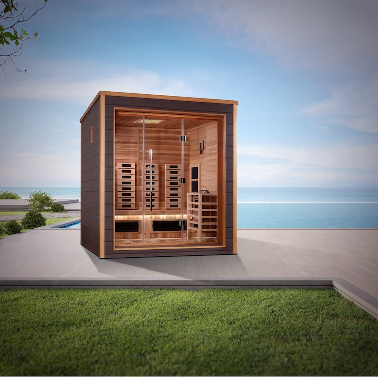 Golden Designs Visby 3 Person Hybrid (PureTech™ Full Spectrum IR or Traditional Stove) Outdoor Sauna - Canadian Red Cedar Interior Saunas Golden Designs