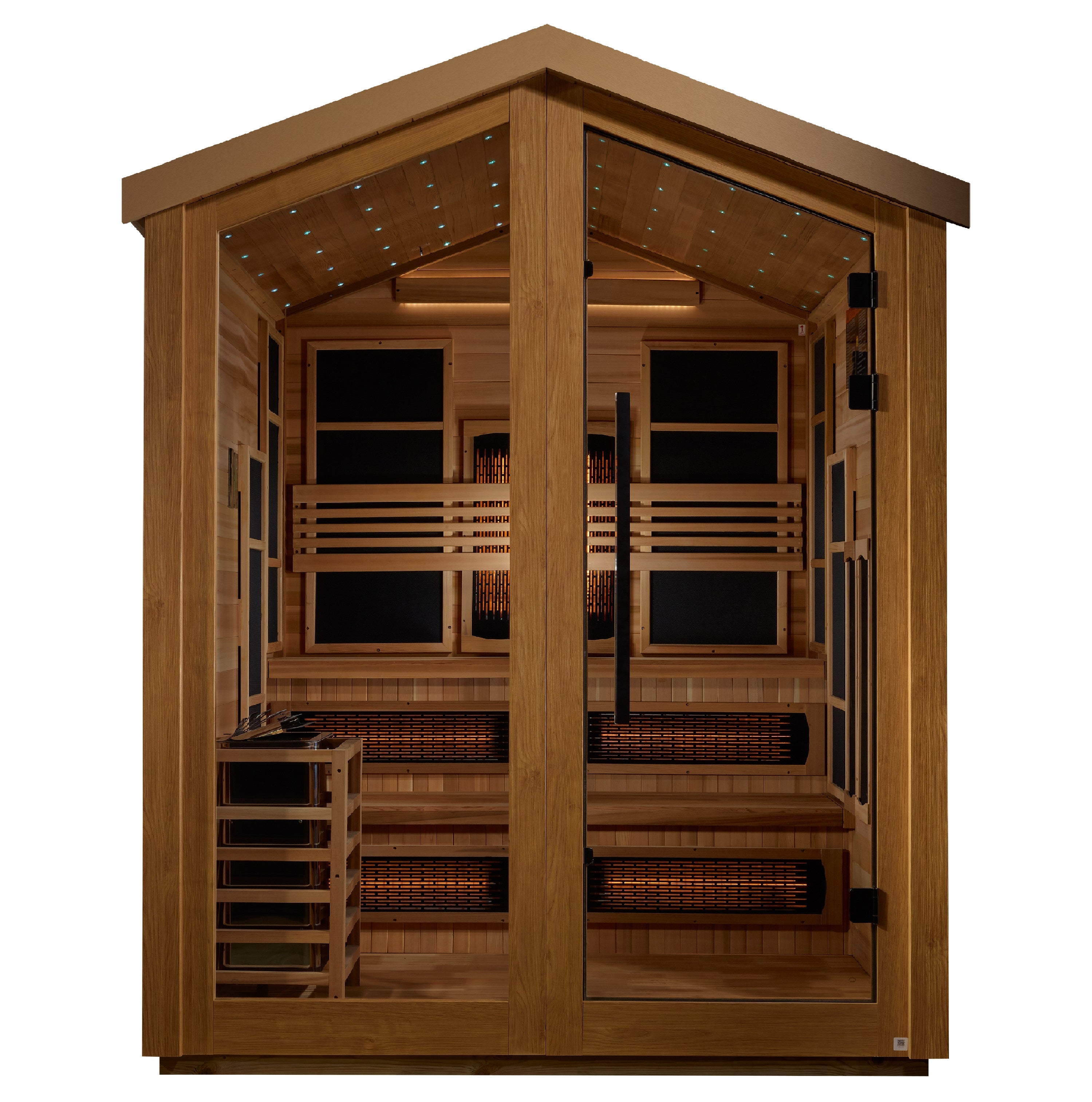 Golden Designs Kaskinen 6 Person Hybrid (PureTech™ Full Spectrum IR or Traditional Stove) Outdoor Sauna (GDI-8526-01) - Canadian Red Cedar Interior  Golden Designs Saunas   
