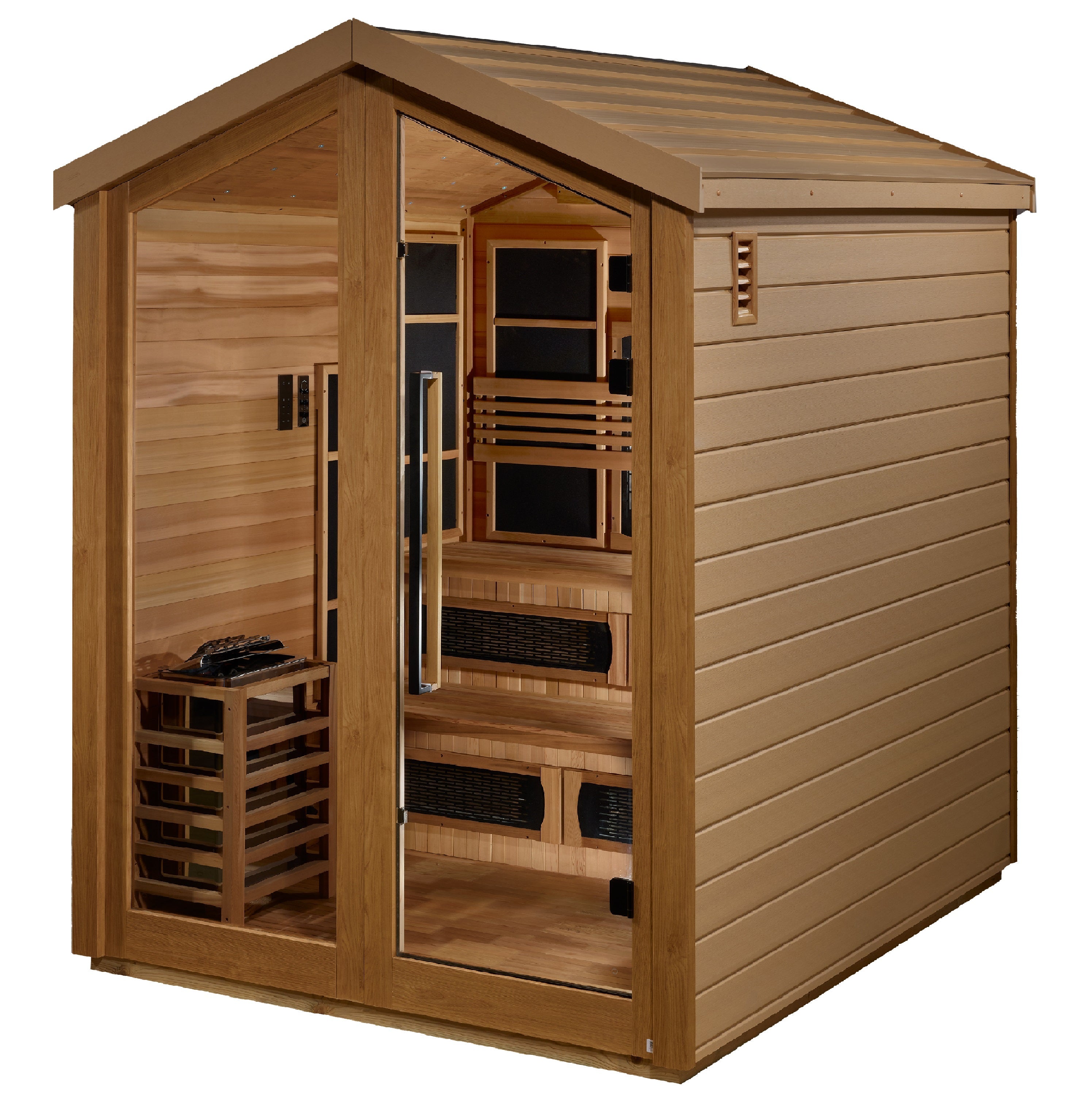 Golden Designs Kaskinen 6 Person Hybrid (PureTech™ Full Spectrum IR or Traditional Stove) Outdoor Sauna (GDI-8526-01) - Canadian Red Cedar Interior  Golden Designs Saunas   
