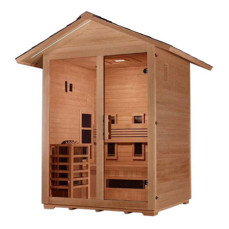 Golden Designs Carinthia 3 Person Hybrid (PureTech™ Full Spectrum IR or Traditional Stove) Outdoor Sauna - Canadian Hemlock Saunas Golden Designs