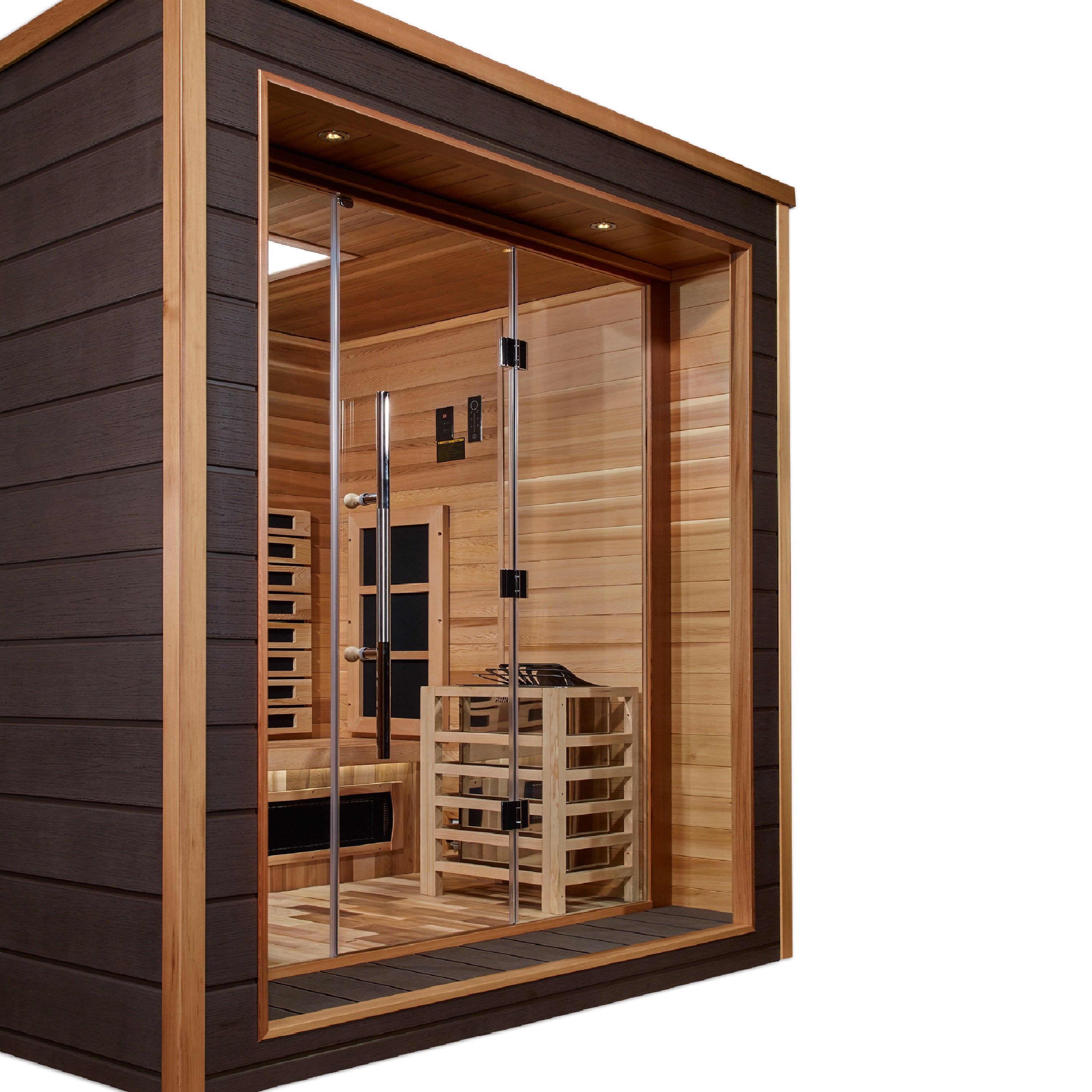 Golden Designs Visby 3 Person Outdoor-Indoor PureTech™ Hybrid Full Spectrum Sauna (GDI-8223-01) - Canadian Red Cedar Interior  Golden Designs Saunas   