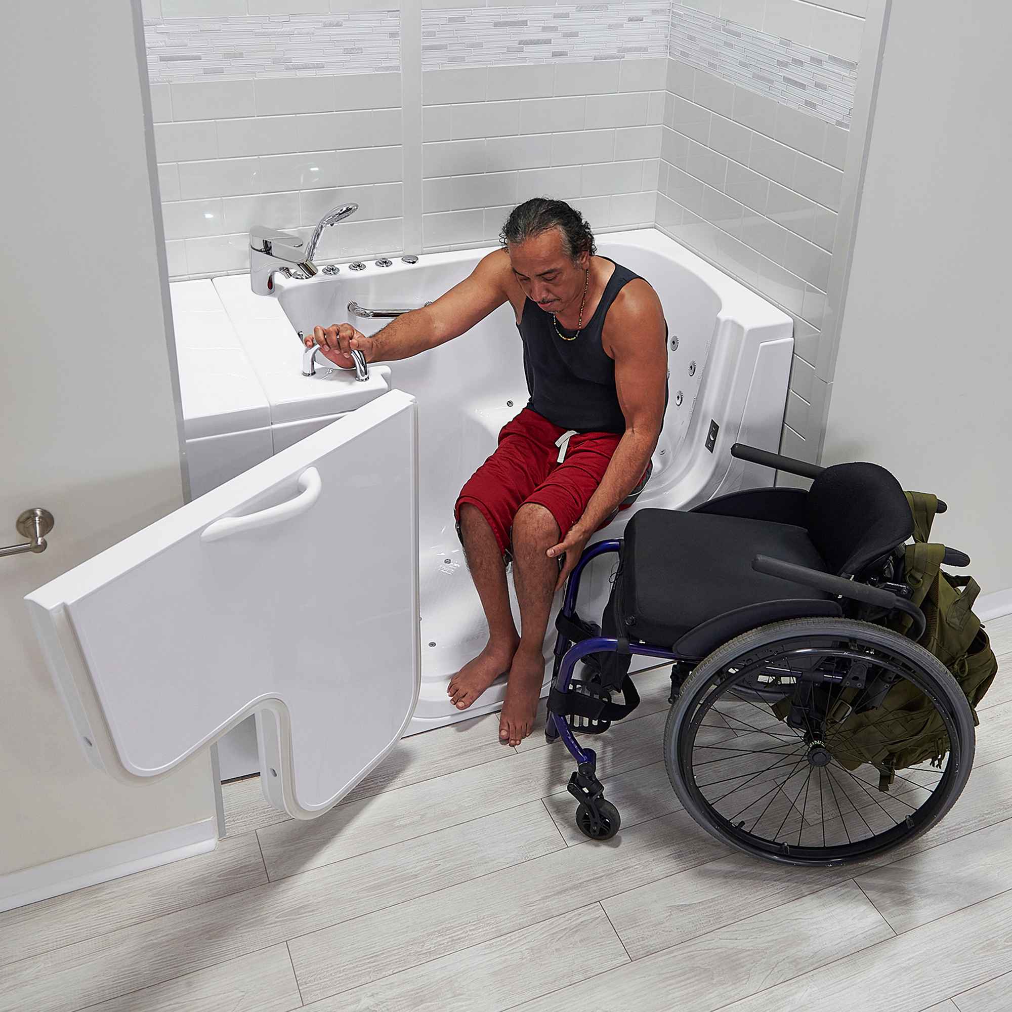 Ella Wheelchair Transfer 30"x52" Acrylic Air and Hydro Massage Walk-In Bathtub with Outward Swing Door, 2 Piece Fast Fill Faucet, 2" Dual Drain Bath Tub Ella's Bubbles   