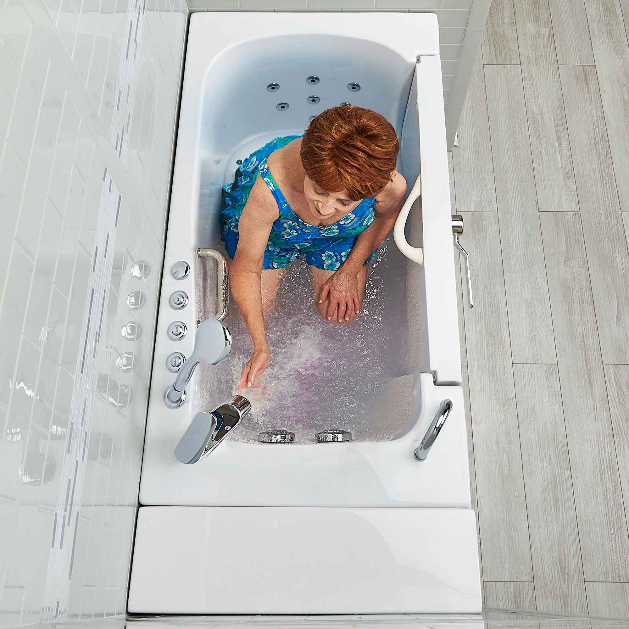 Ella Wheelchair Transfer 30"x52" Acrylic Air and Hydro Massage Walk-In Bathtub with Outward Swing Door, 2 Piece Fast Fill Faucet, 2" Dual Drain Bath Tub Ella's Bubbles   