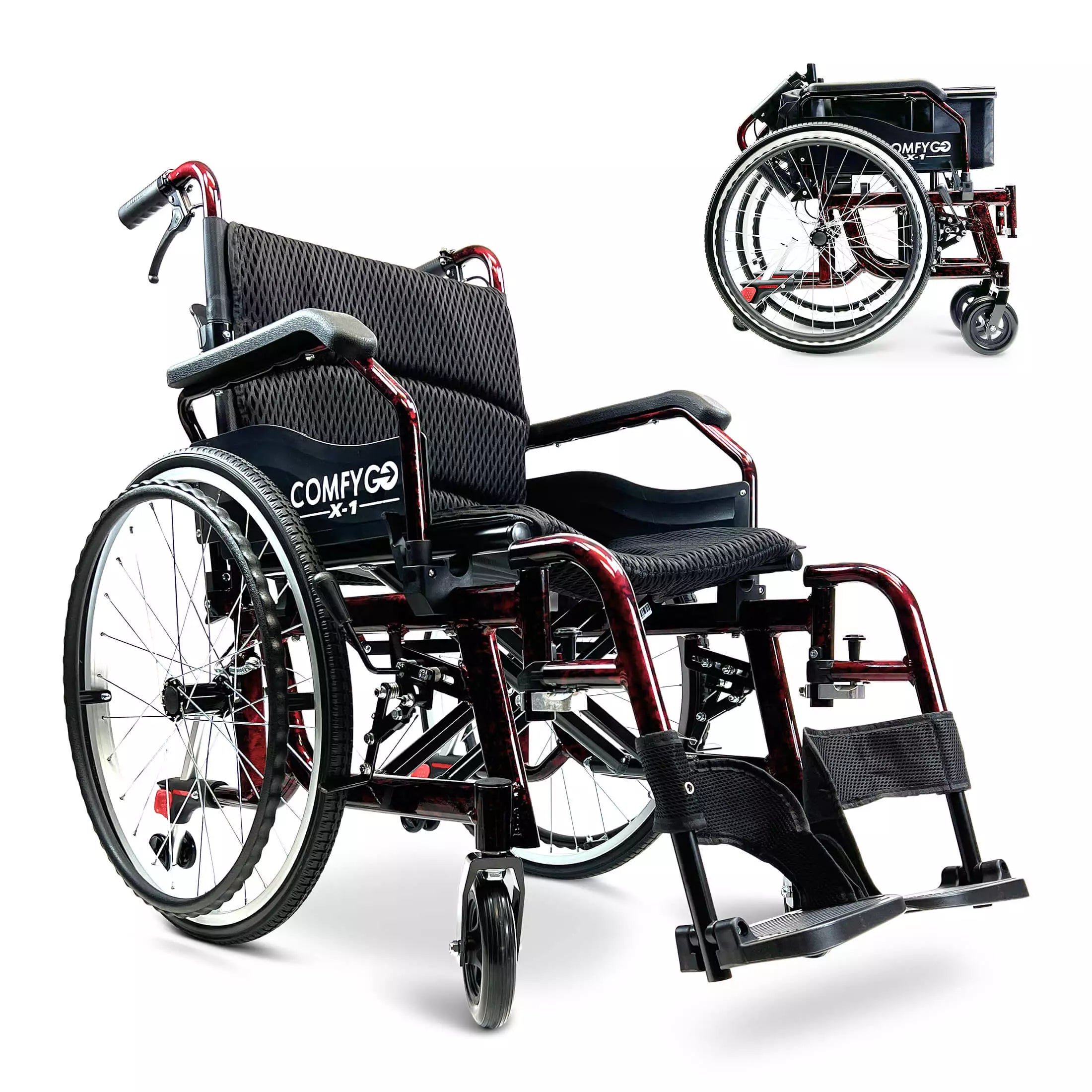 ComfyGo X-1 Lightweight Manual Wheelchair Standard Wheelchairs ComfyGo Red Standard 22" Wire Spoke Wheels 
