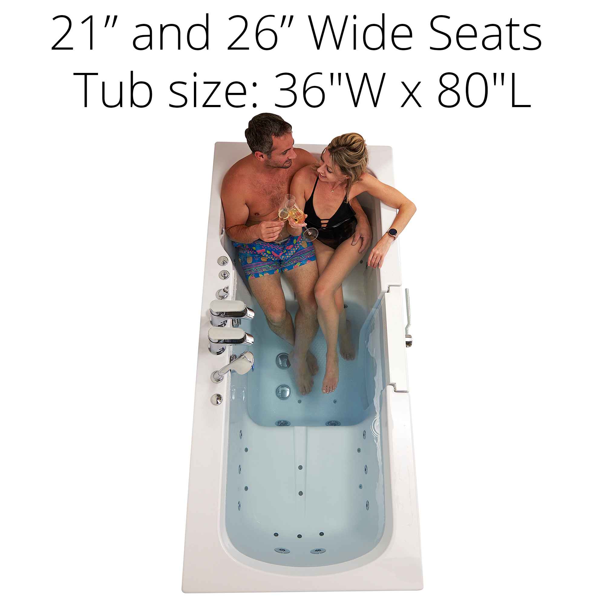 Ella Big4Two 36"x80" Hydro + Air Massage w/ Independent Foot Massage Acrylic Two Seat Walk-In-Bathtub, Outswing Door, 2x2 Piece Fast Fill Faucet, 2" Dual Drain Bath Tub Ella's Bubbles   