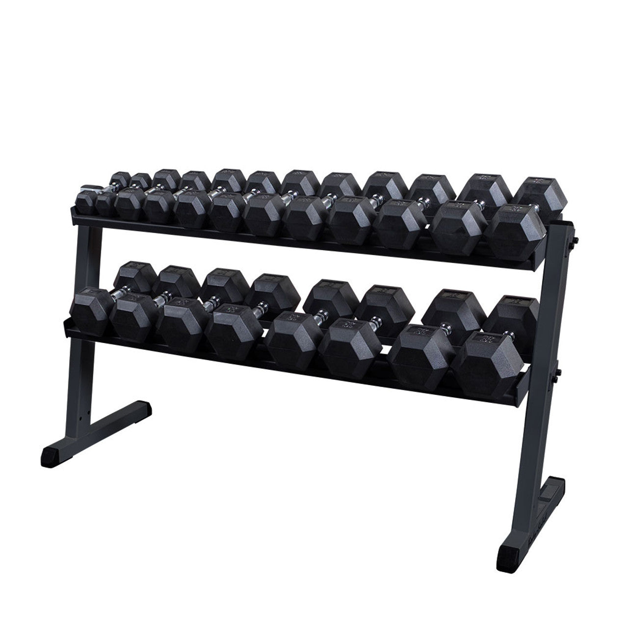 Body Solid 5-50lb Hex Rubber Dumbbell Set With GDR60B Rack Dumbbell Packages Body-Solid 5-50 Lb Dumbbells With Rack