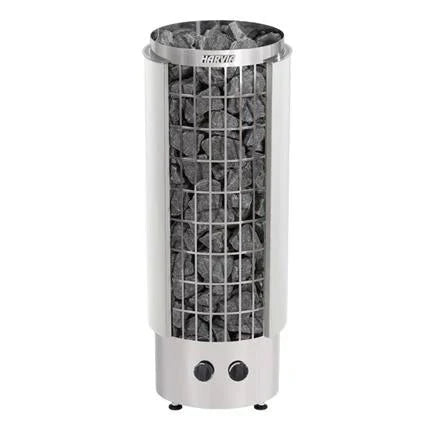 Harvia Cilindro Half Series 6kW Stainless Steel Electric Sauna Heater at 240V 1PH with Built-In Time and Temperature Controls Harvia Stainless Steel With Stones (5-10cm Split Face Sauna Stones)