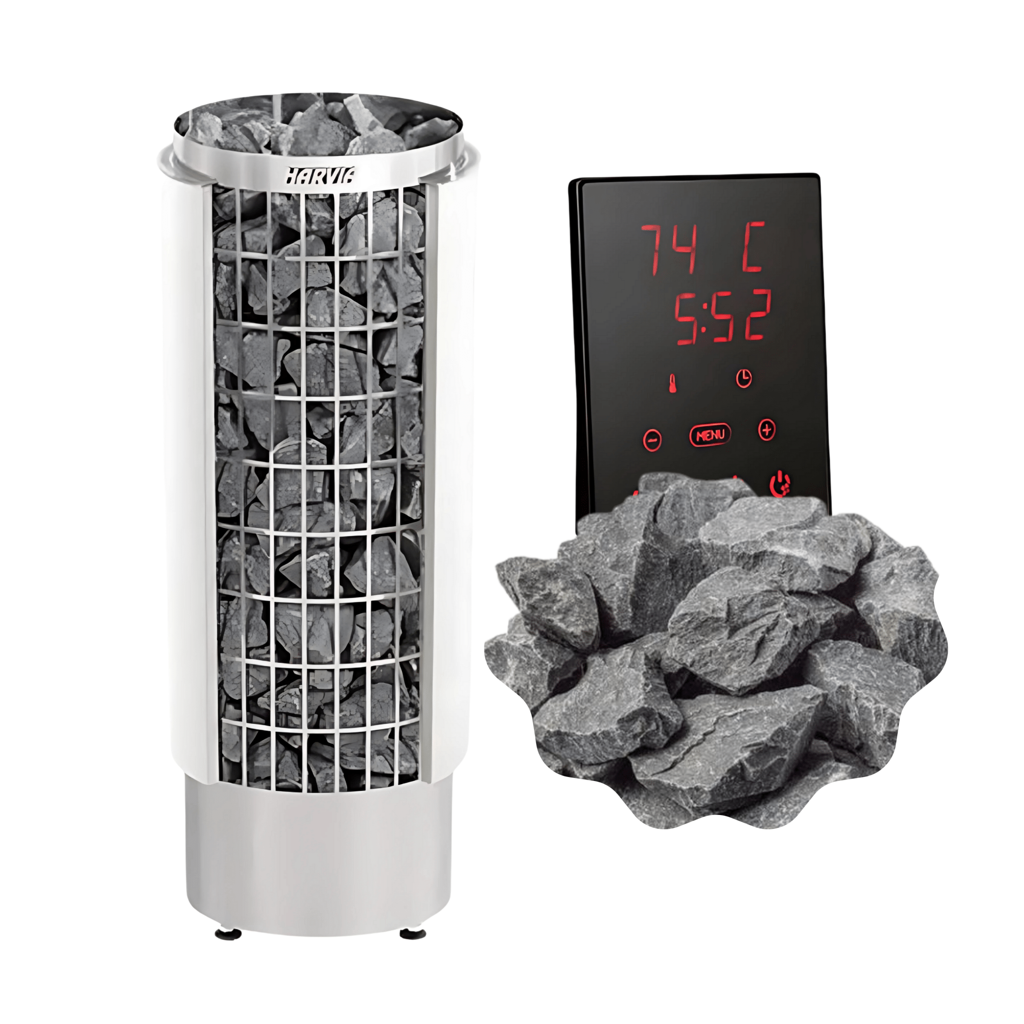 Harvia Cilindro PC60E 6kW Sauna Heater Package - Standard Xenio CX30 Harvia Stainless Steel With Controls (Harvia Xenio CX30-U1-U3-XW) With Stones (5-10cm Split Face Sauna Stones)