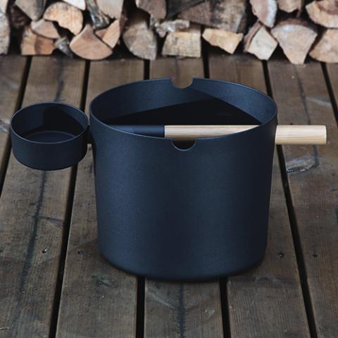 SaunaLife Aluminum 1-Gallon Sauna Bucket Set with Wood Ladle and Thermometer, Black SaunaLife