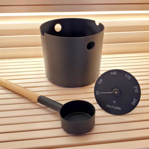 SaunaLife Aluminum 1-Gallon Sauna Bucket Set with Wood Ladle and Thermometer, Black SaunaLife Default Title