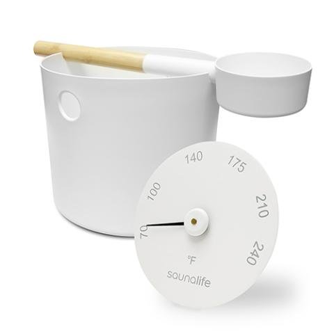 SaunaLife Aluminum 1-Gallon Sauna Bucket Set with Wood Ladle and Thermometer, White SaunaLife