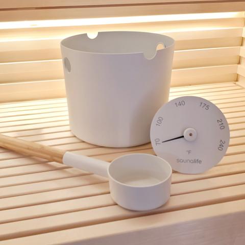 SaunaLife Aluminum 1-Gallon Sauna Bucket Set with Wood Ladle and Thermometer, White SaunaLife Default Title