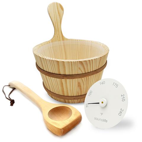 SaunaLife Wooden 1-Gallon Sauna Bucket Set with Wood Ladle and Thermometer-White SaunaLife Default Title