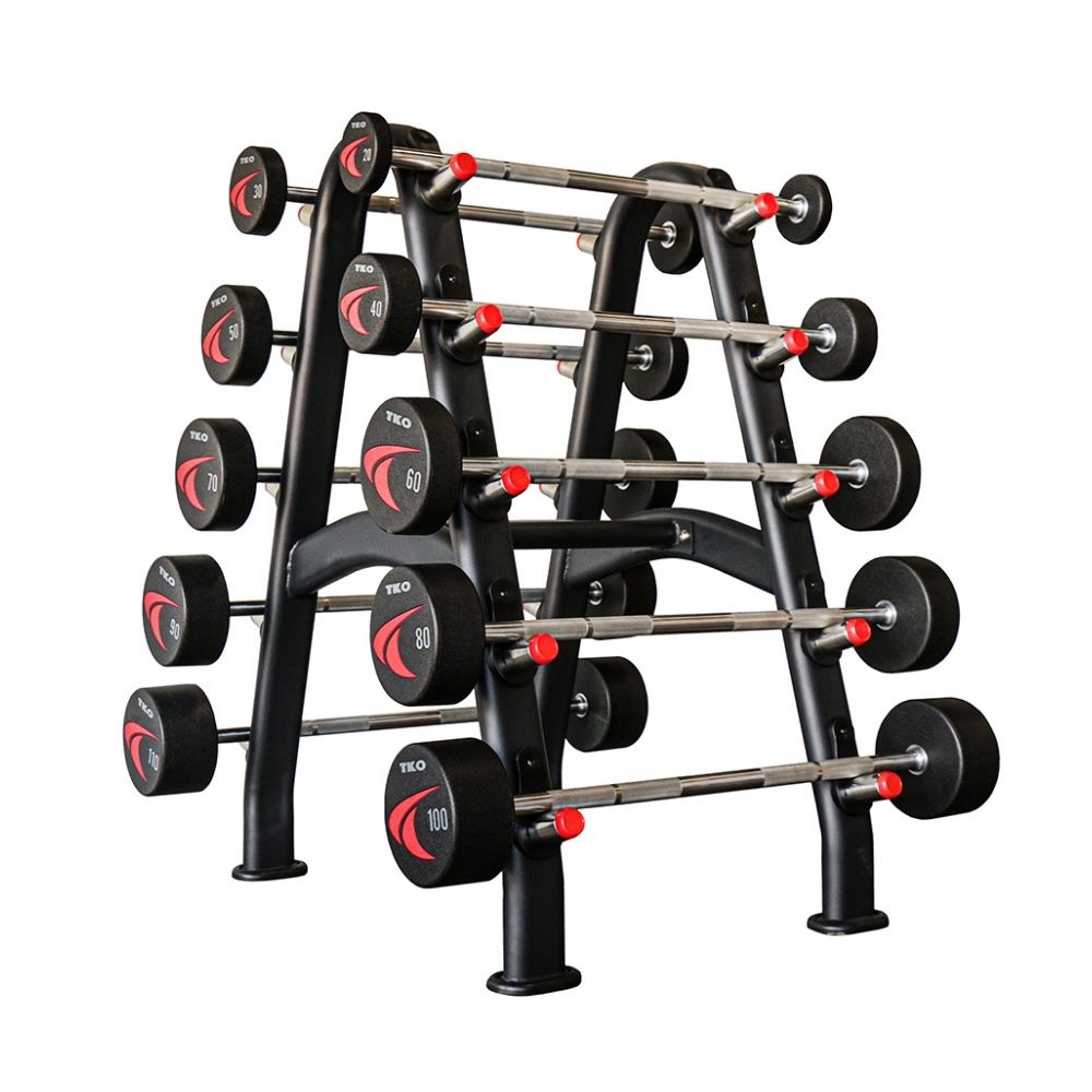 TKO Strength Urethane Barbell Set 20 lb - 110 lb with Rack Free Weights TKO Strength and Performance Straight Barbells  