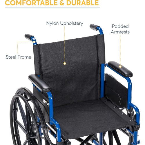 Drive Medical Blue Streak 20 Inches Single Axle WheelChair with Flip-Back Desk Arms And Elevating Leg Rests  Drive Medical   